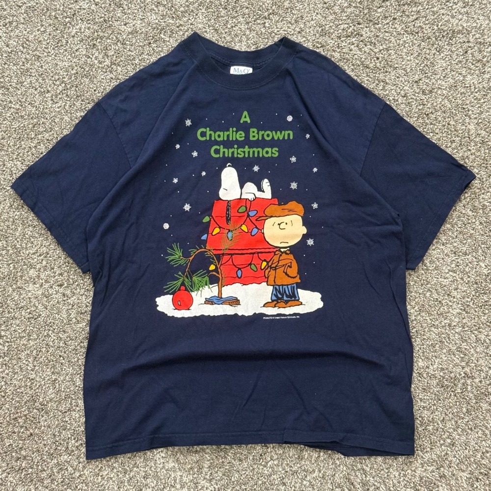 Vintage 90s Charlie Brown Christmas Peanuts Snoopy M&O Knits Navy TShirt Mens XL